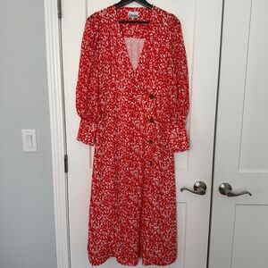 Ganni Floral Print Wrap-Front Long Sleeve Crepe Midi Dress - 42